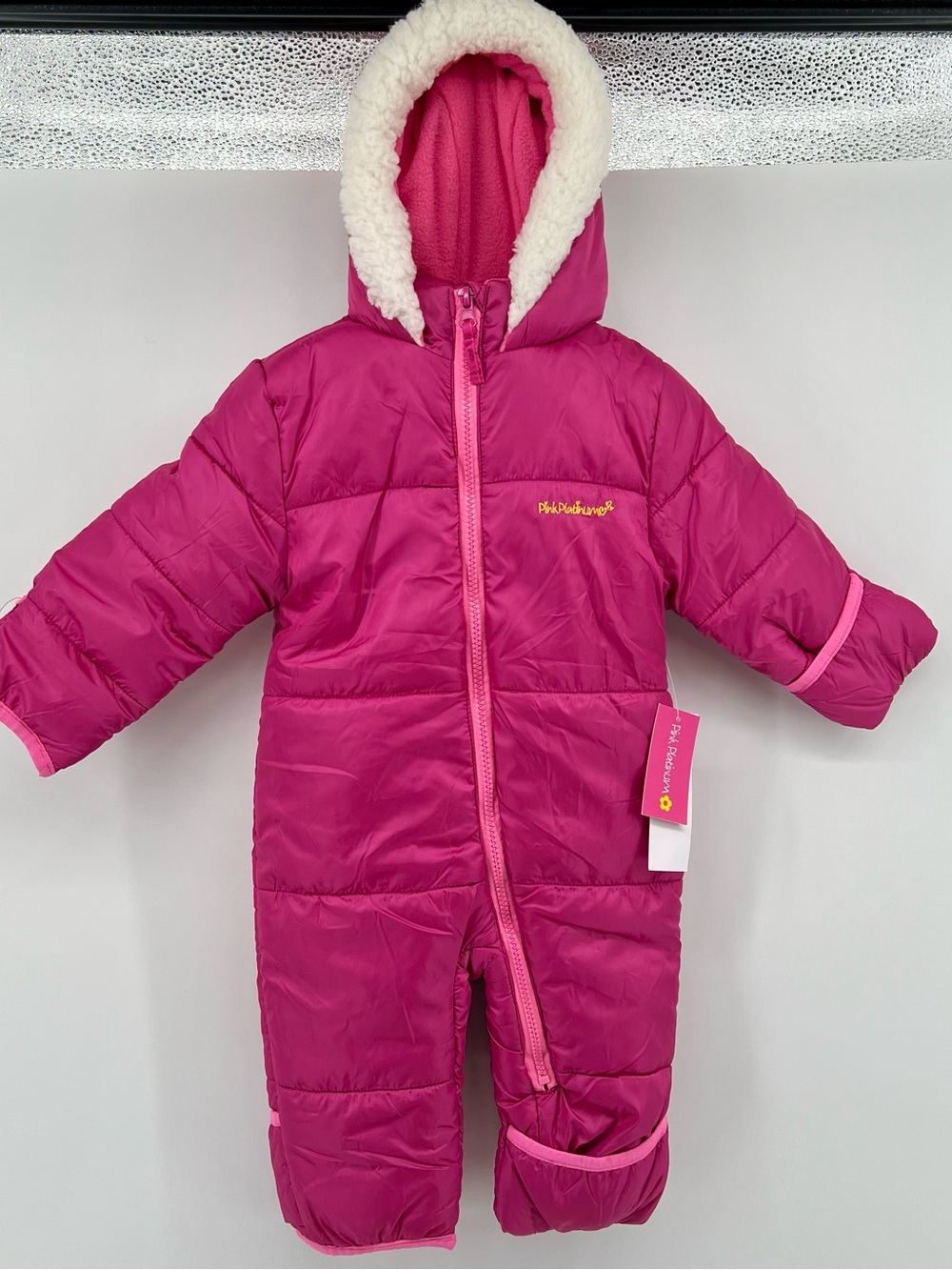 Pink platinum puffer bay snowsuit Baby with Sherpa Hood 9-12 mo NWT